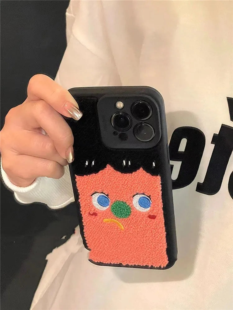 Blue silicone phone case with towel embroidered texture for iPhone, showing rear and side view