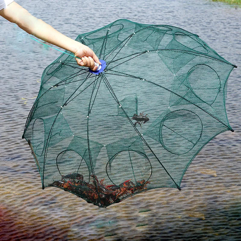 Automatic folding nylon fishing umbrella net with 100cm diameter, folded and open on bank