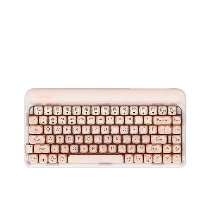Liquid foundation colour wireless mechanical keyboard bundle with mouse, lamp, and calculator on a desk.
