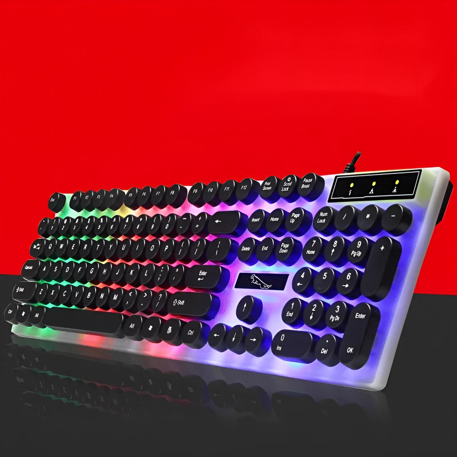 White waterproof gaming keyboard with glass panel, round keycaps and RGB backlight