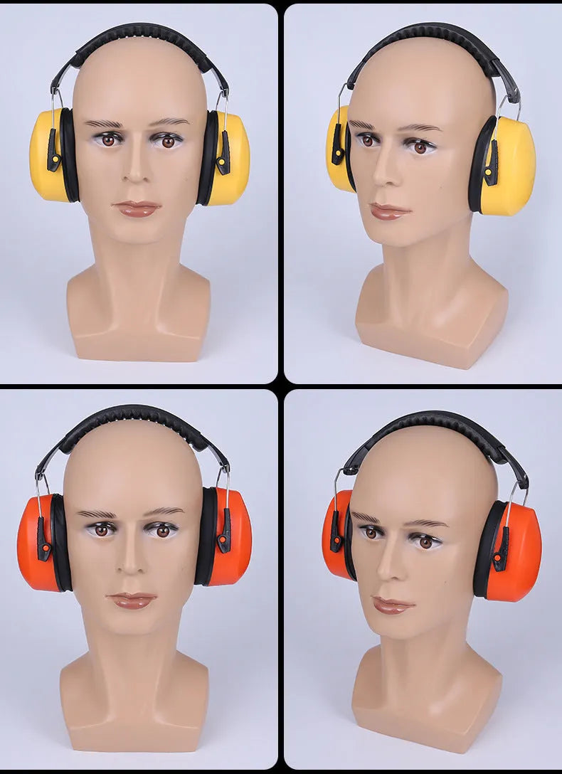 Orange head-mounted noise reduction earmuffs with padded ear cups on an adjustable elasticated headband.
