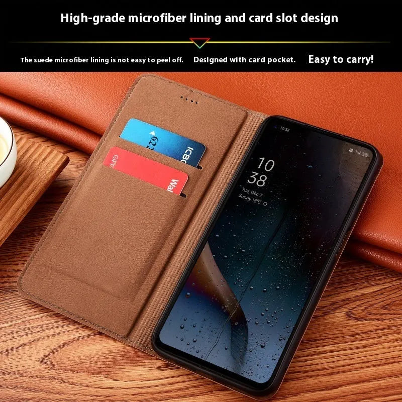 Genuine leather flip phone case for iPhone with embossed texture and magnetic closure