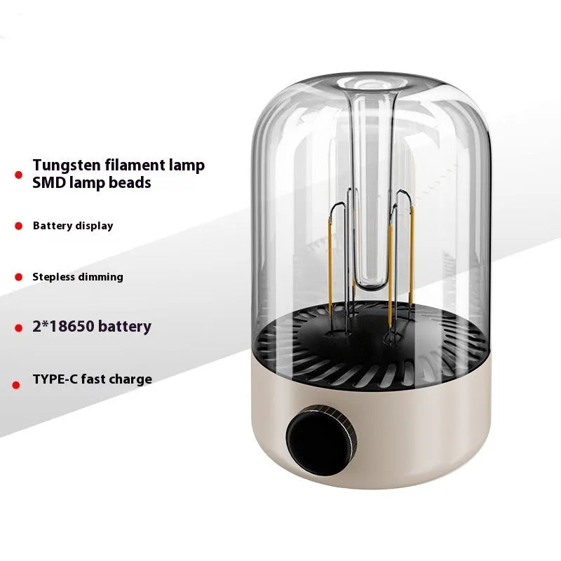 Beige and black camping light with dual lamp beads, control knob, and USB port for device charging