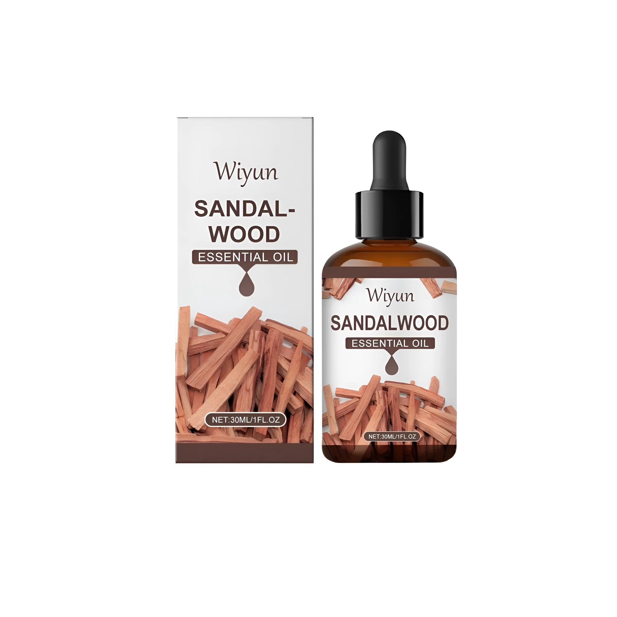 30ml glass bottle of golden brown sandalwood essential fragrance oil