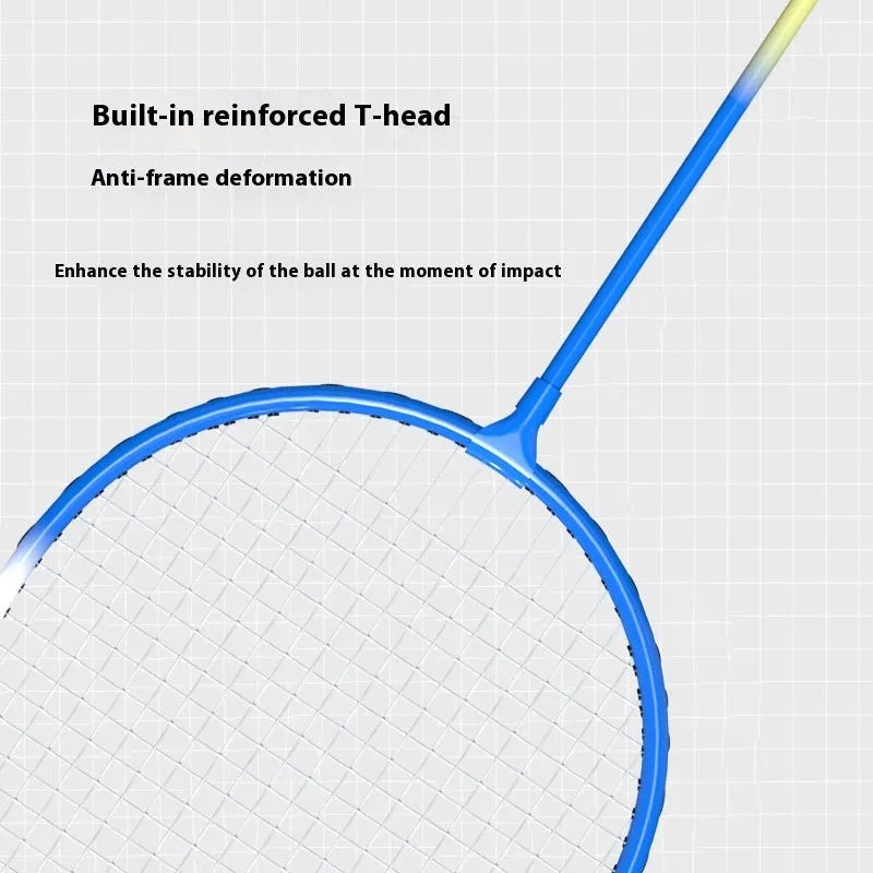 A pair of ultra-light alloy badminton rackets, one blue and one red, laid side by side.