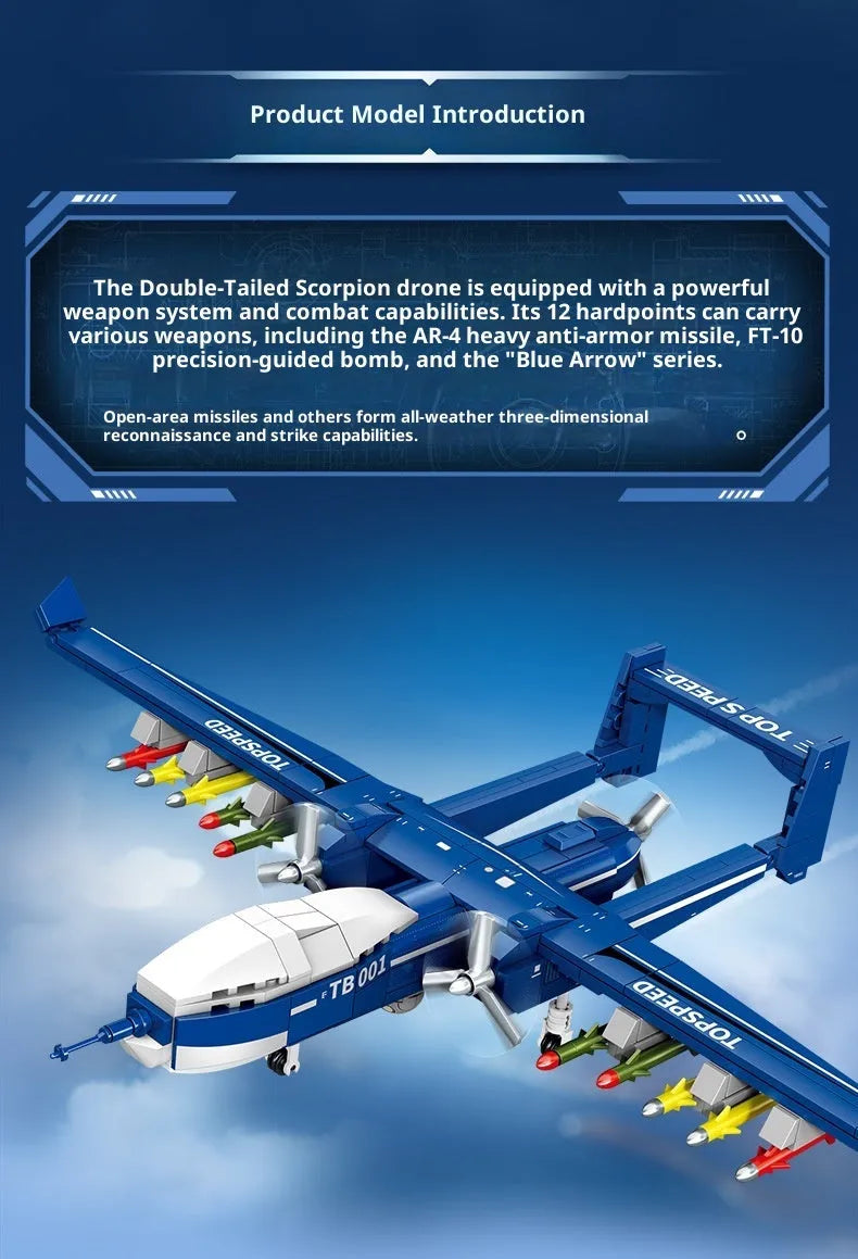 Plastic building block set forming a double-tail scorpion drone in a military series with colour box packaging