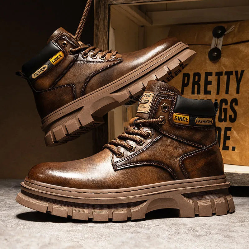 Men's high top Martin boots in YE50 Brown artificial PU leather with lace-up front and round toe on a wooden floor
