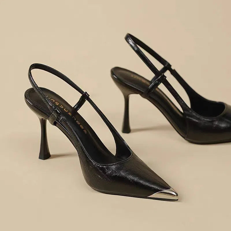 Women's pointed-toe colour-block stiletto heels in black with 7cm heel, PU upper, side view