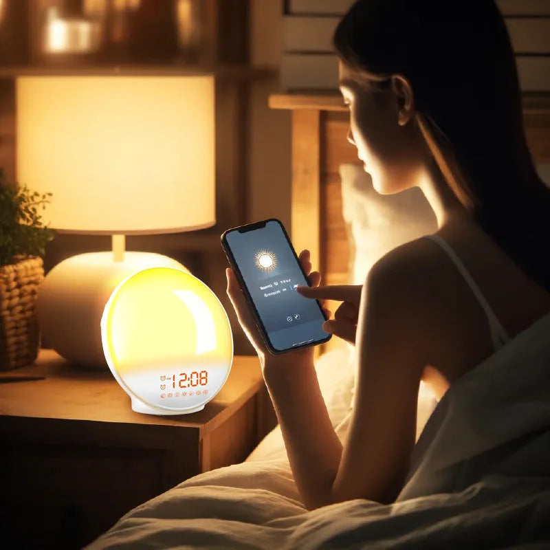 Smart wake-up light alarm clock with APP control, 10mm thick ABS shell, modern simplicity, includes charging cable
