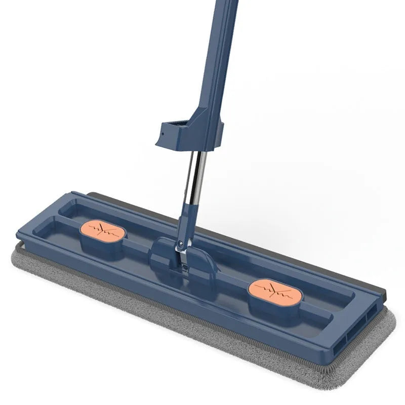 Large blue flat mop with rotating head and long stainless steel handle for hard floor cleaning