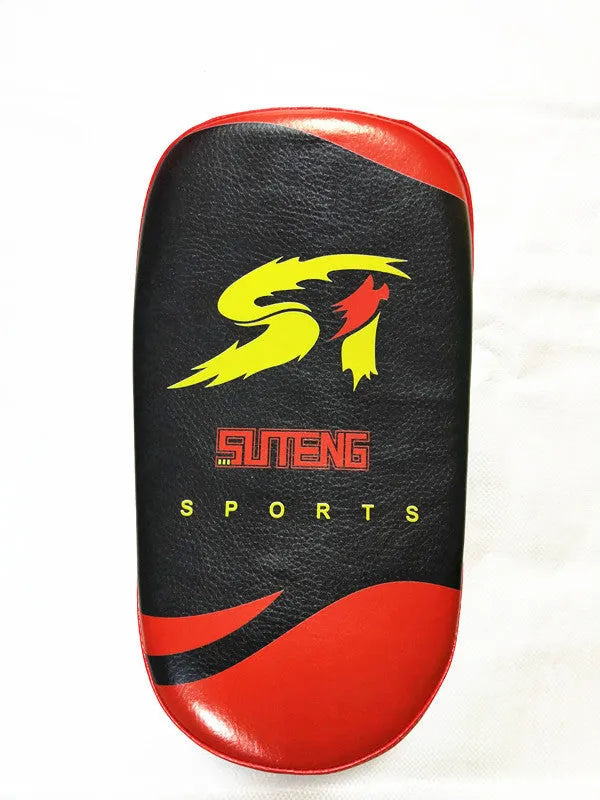 Black and red PU leather hand-held boxing training pad with buckle strap.