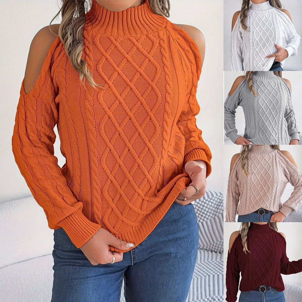 Women's casual twisted strapless half-high collar acrylic sweater with lantern sleeves