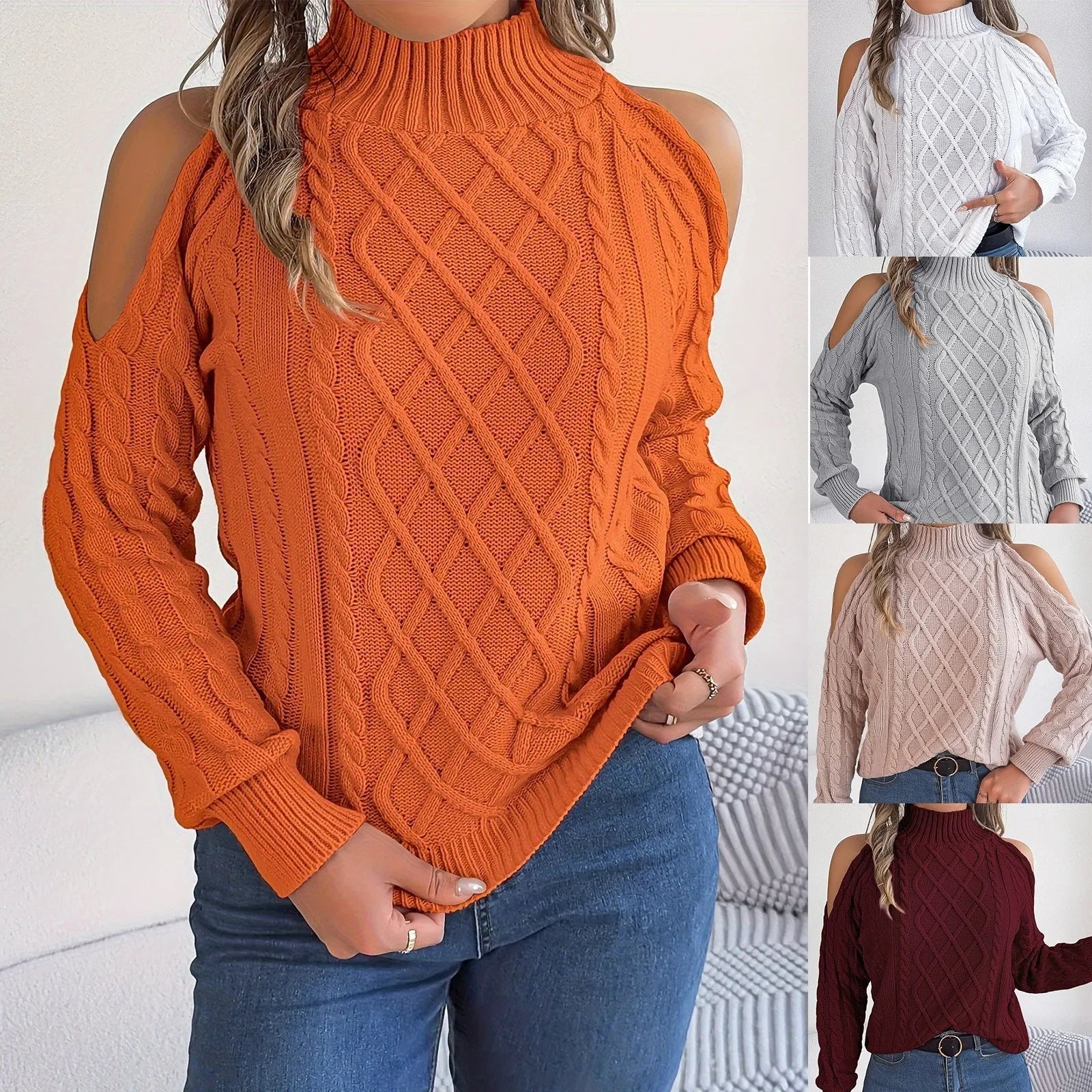 Women's casual twisted strapless half-high collar acrylic sweater with lantern sleeves