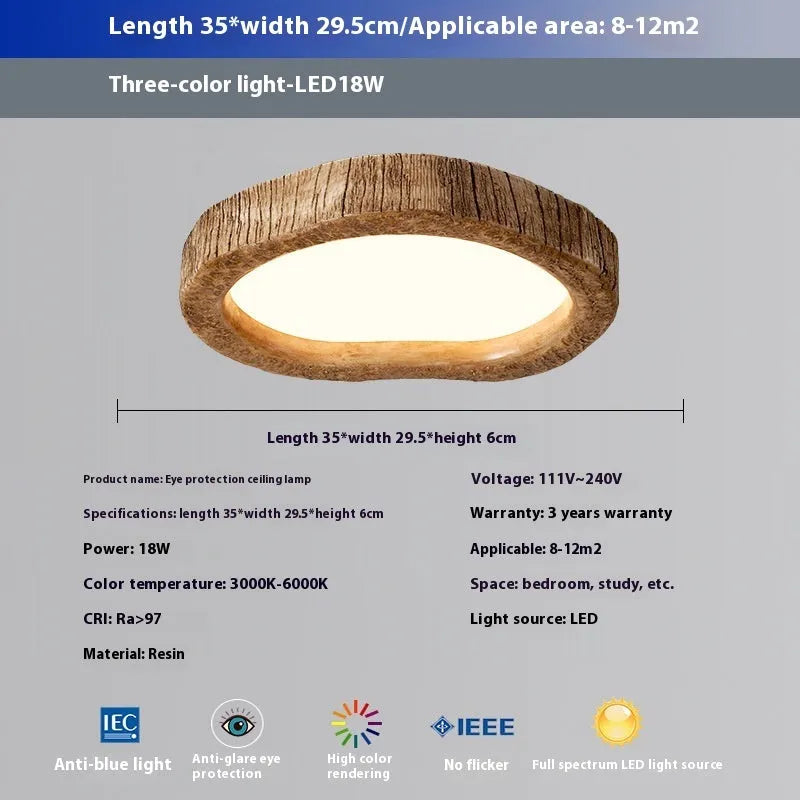 Wood grain finished round ceiling lamp in new Chinese style, shown in a bedroom setting.
