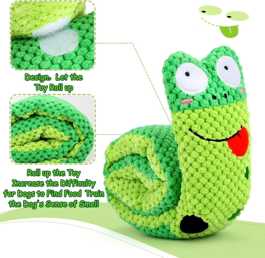 Plush velvet dog toy in transformable snail or stick shape with hidden treat holes.