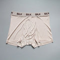 Men's loose fit silk shorts in navy blue, shown from the front on a mannequin.