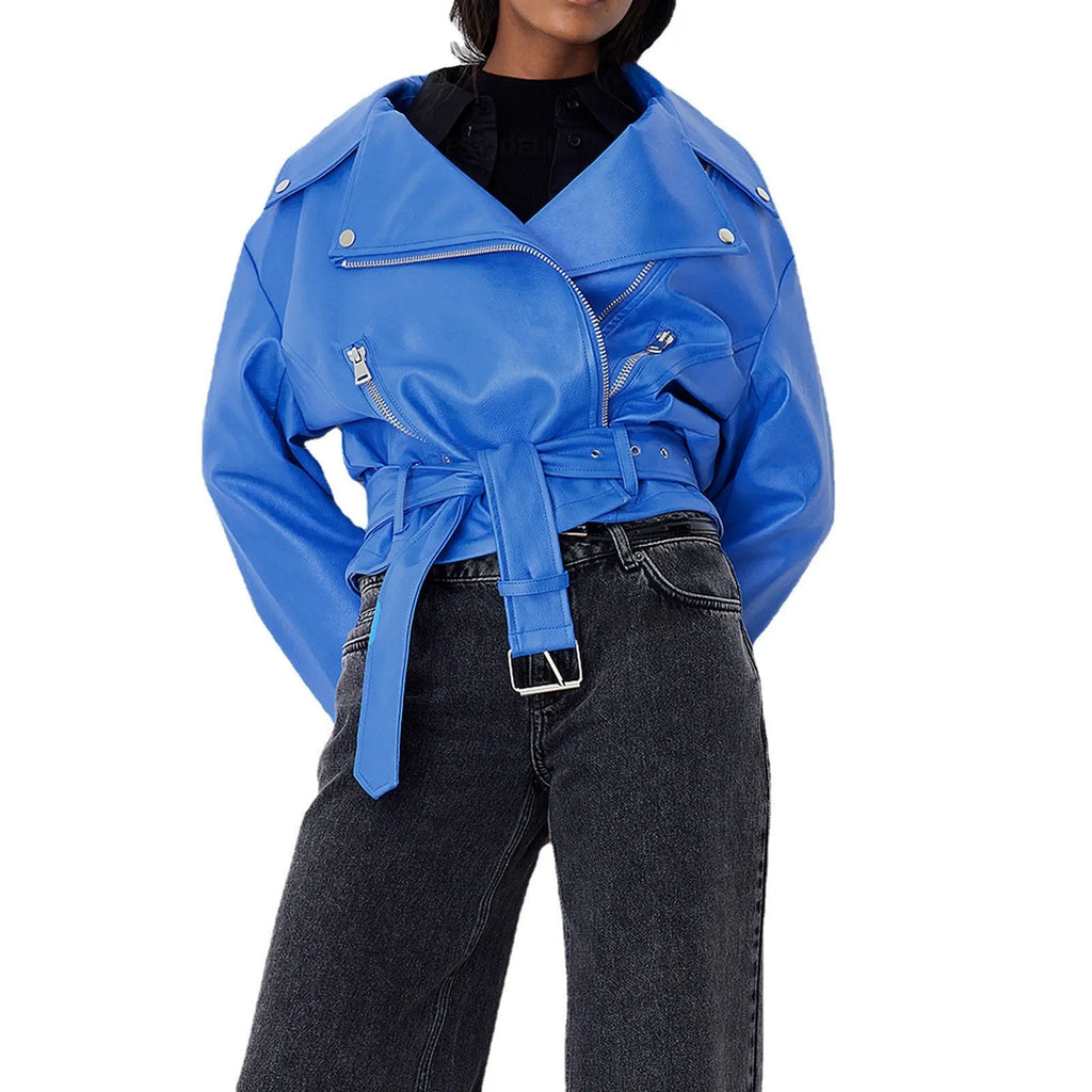 Black punk locomotive jacket with a round Peter Pan collar and a drawstring waist on a hanger.