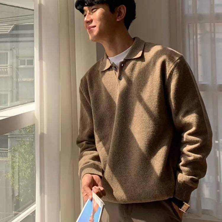Men's lapel polo sweater loose fit pullover in beige, with long sleeves and lapel collar