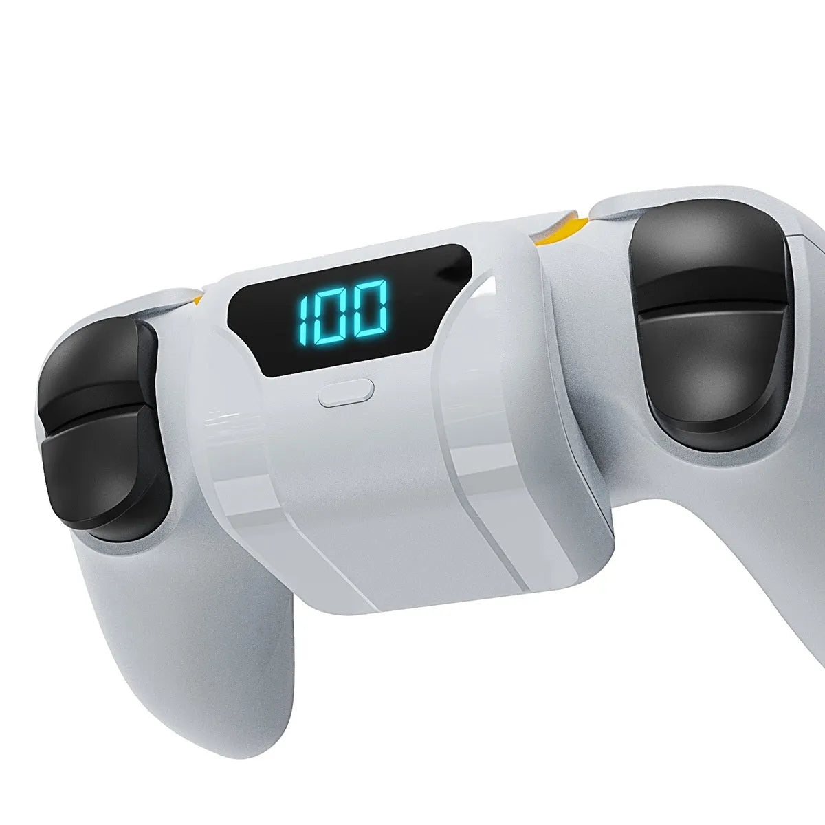 White PS5 controller back battery pack with LED display and outer hanging bag