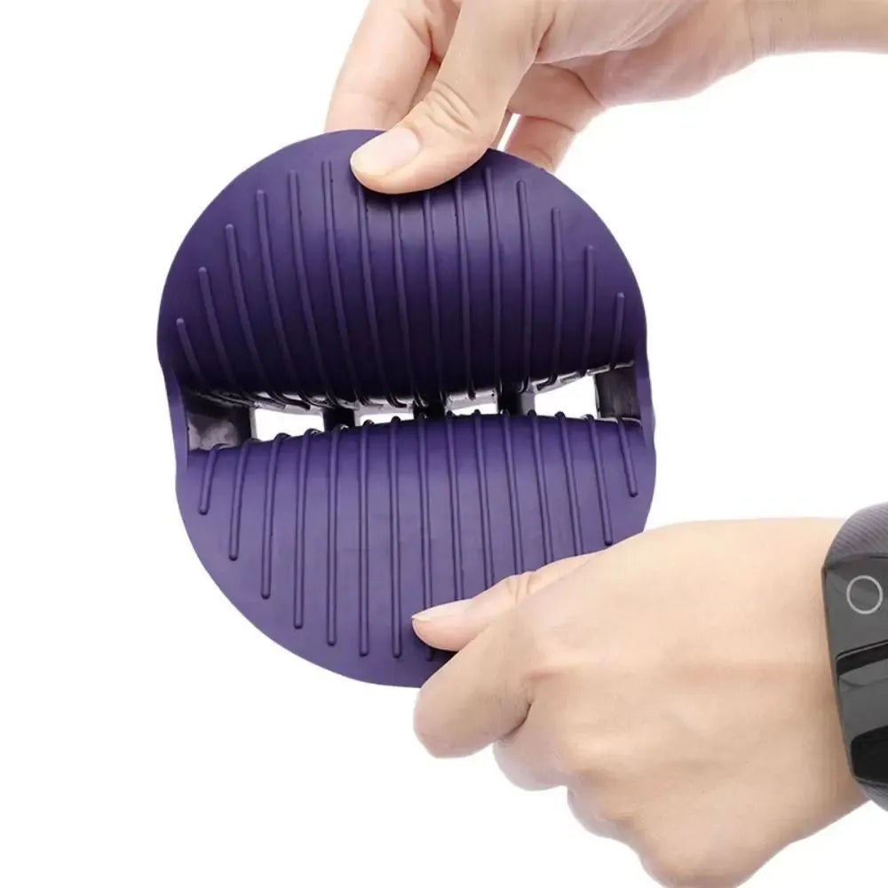 Purple dual-sided silicone pet shampoo and massage brush with soft TPR bristles