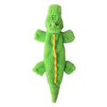 Green crocodile-shaped plush dog toy with a squeaker and crinkle tail for aggressive chewers.