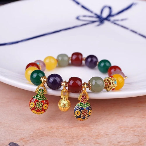 Hand-woven agate bracelet with swallowing gold beast motif and 10mm beads
