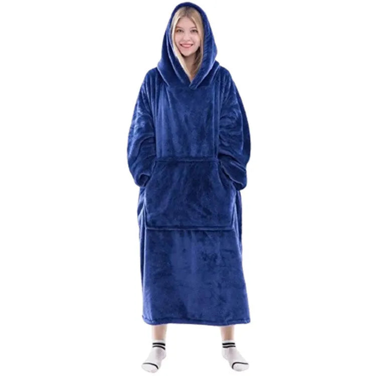 Flannel thick warm blanket hoodie for women in solid colour with front pocket and long sleeves