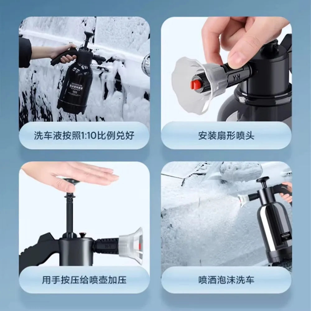 2L black manual car wash foam sprayer with hand-press pump, fan nozzle, and explosion-proof PP body