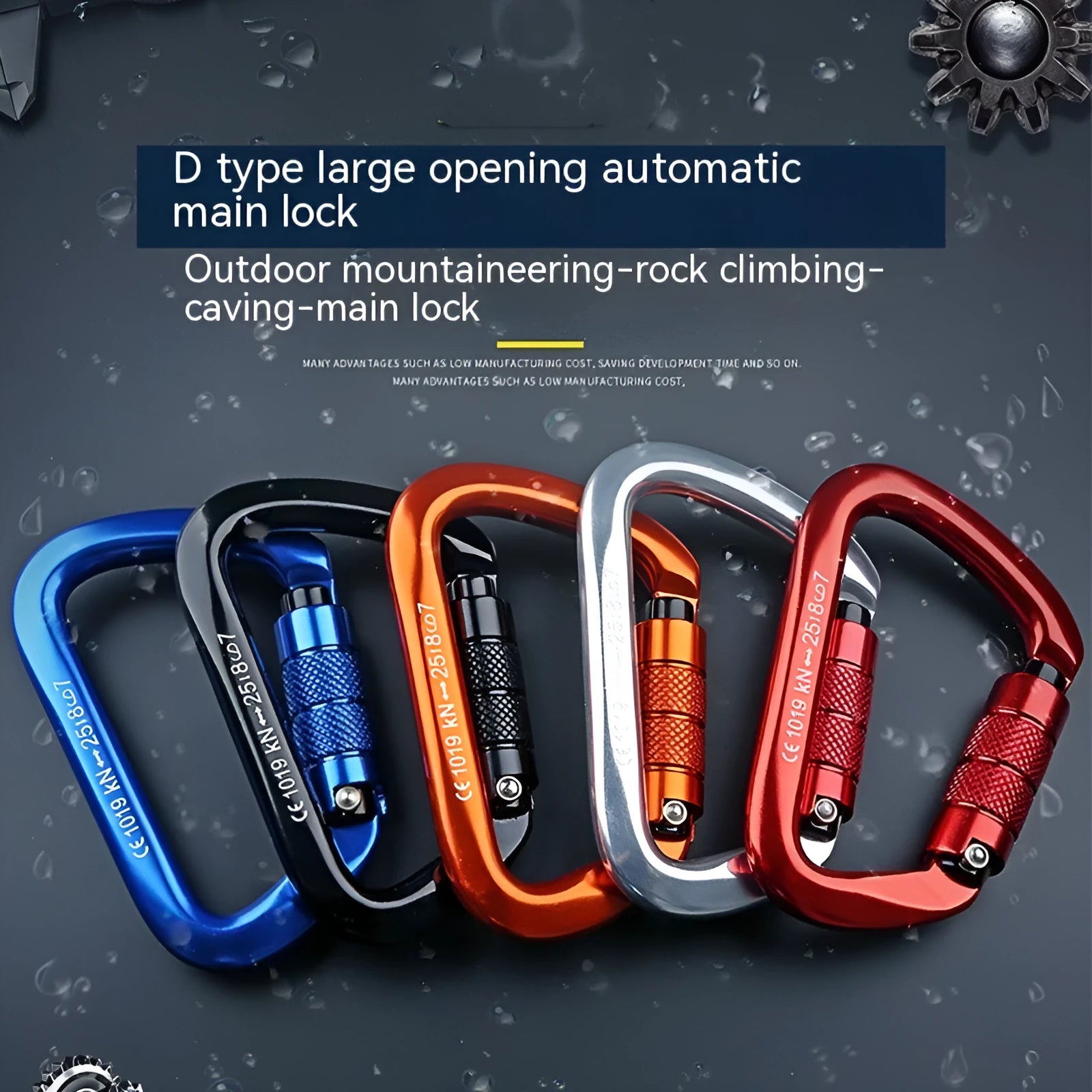 D-type rock climbing safety lock with automatic or threaded gate mechanism in various colours