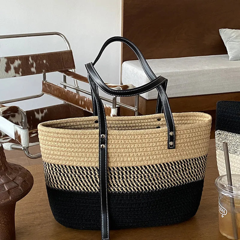 Hand woven cotton vegetable basket beach bag in oval shape with double shoulder straps