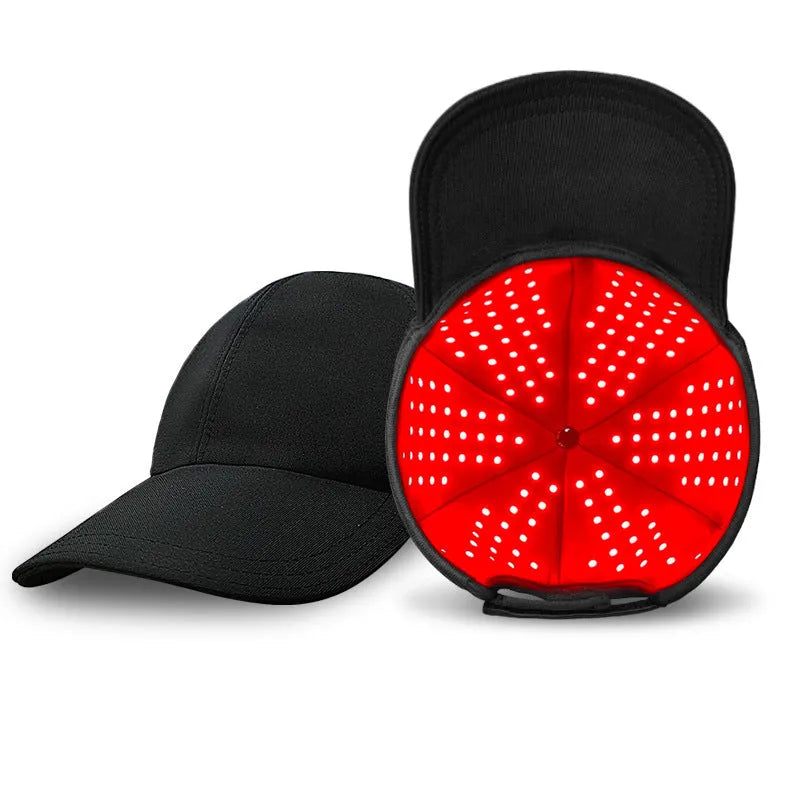 Black duckbill-style infrared hair growth cap with LED lights and a separate controller unit.
