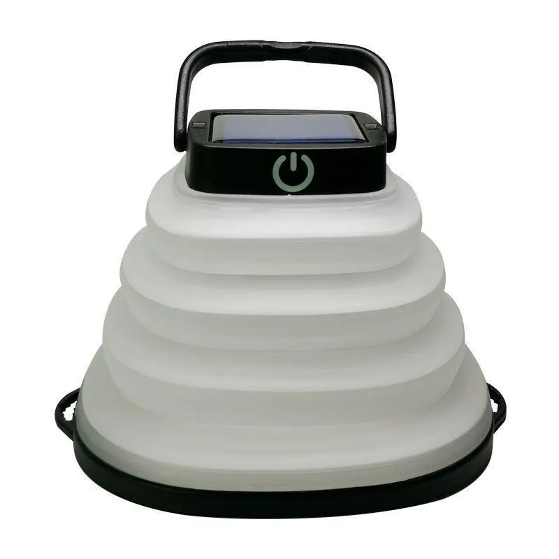 Collapsible IP68 waterproof solar camping light folded to 2.5cm thickness with USB charging port