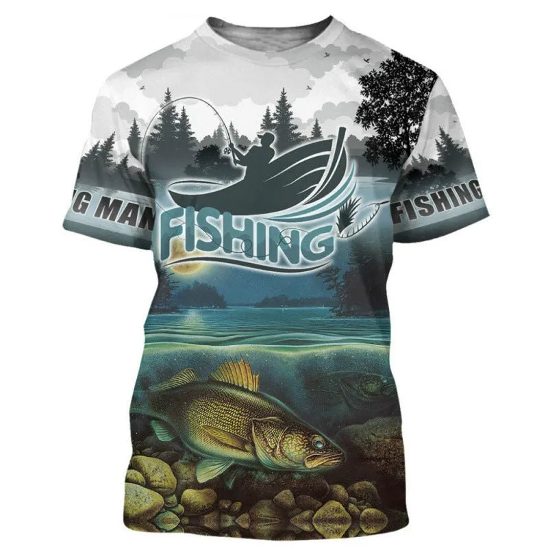 Men's fishing pattern printed short sleeve shirt in loose fit with digital printing on polyester flat mop cloth