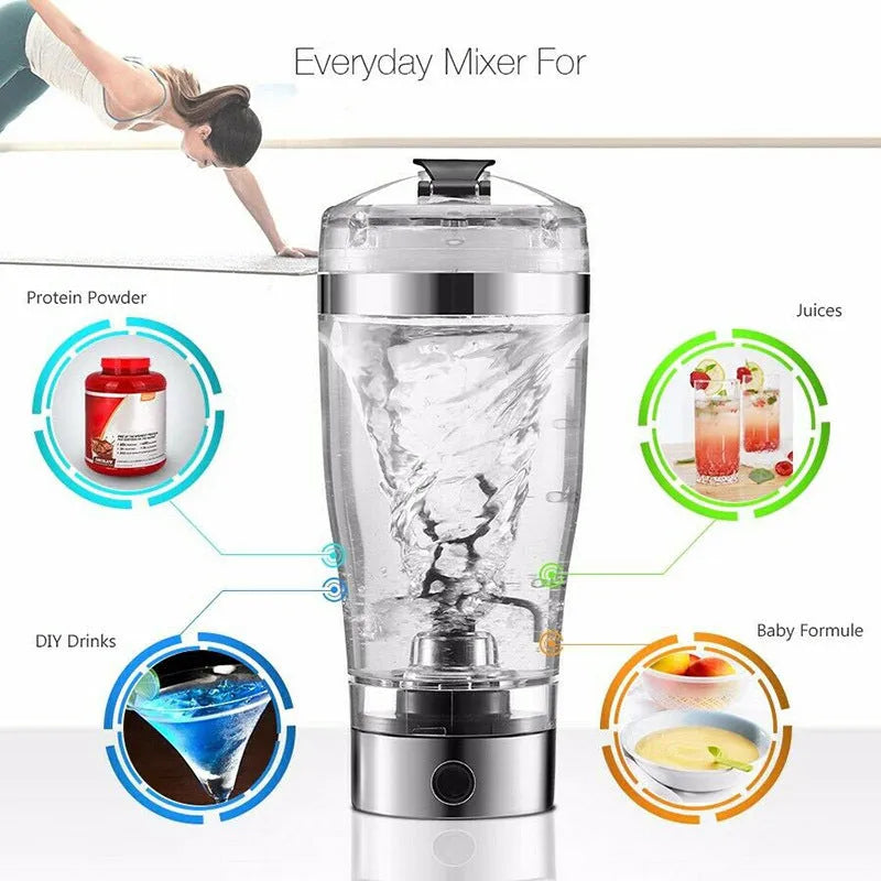 Stainless steel coloured electric shaker bottle with USB charging port for mixing protein shakes.