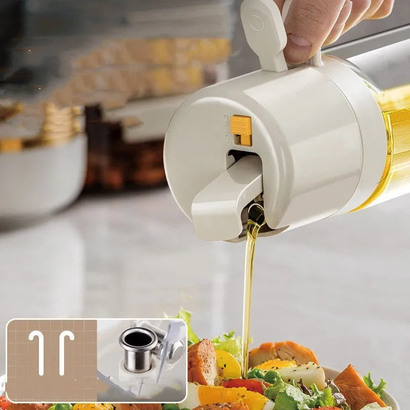 Warm grey 550ml glass oil sprayer bottle with dual pouring and spraying functions