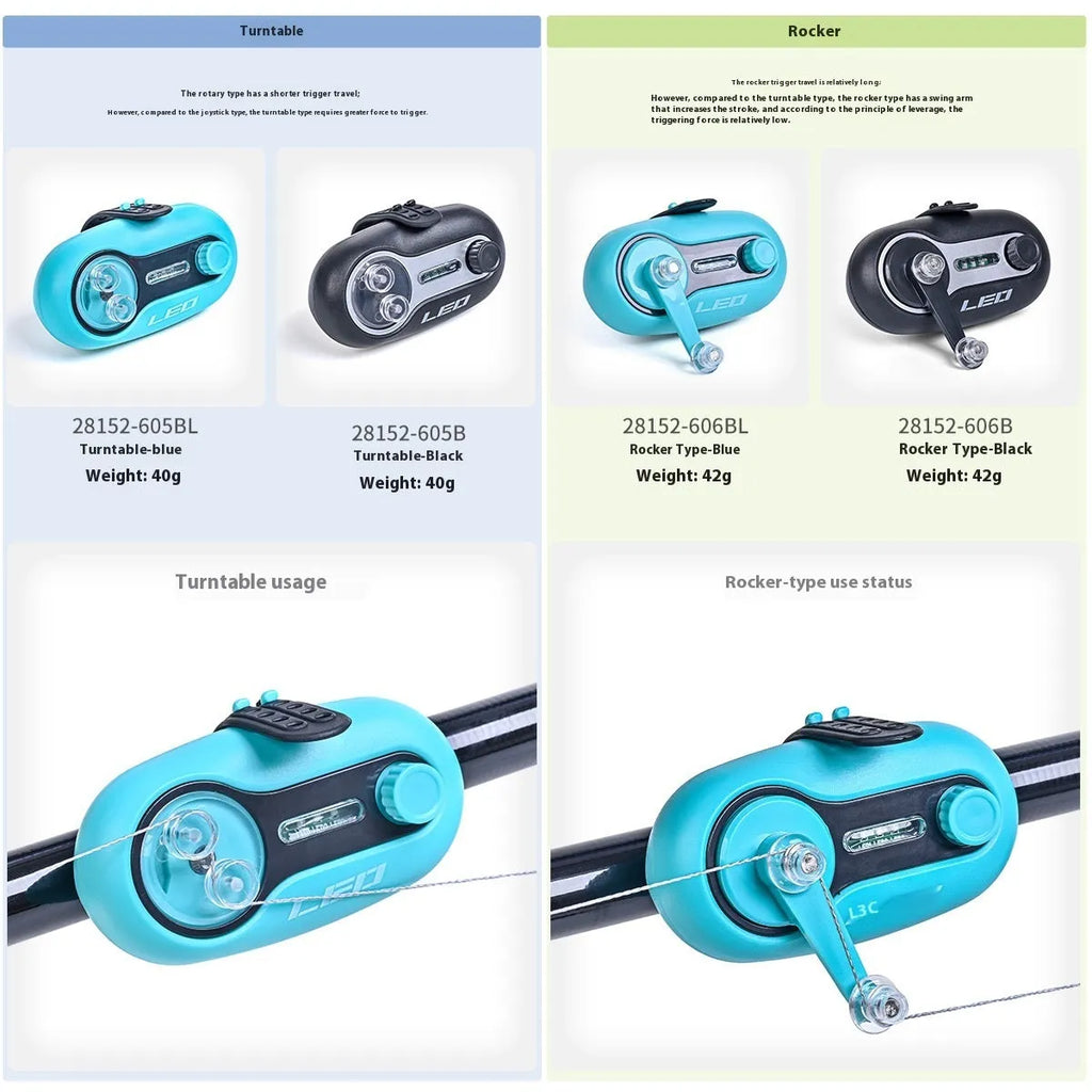 Fishing rod alarm with automatic signal lamp in blue or black colours for night fishing