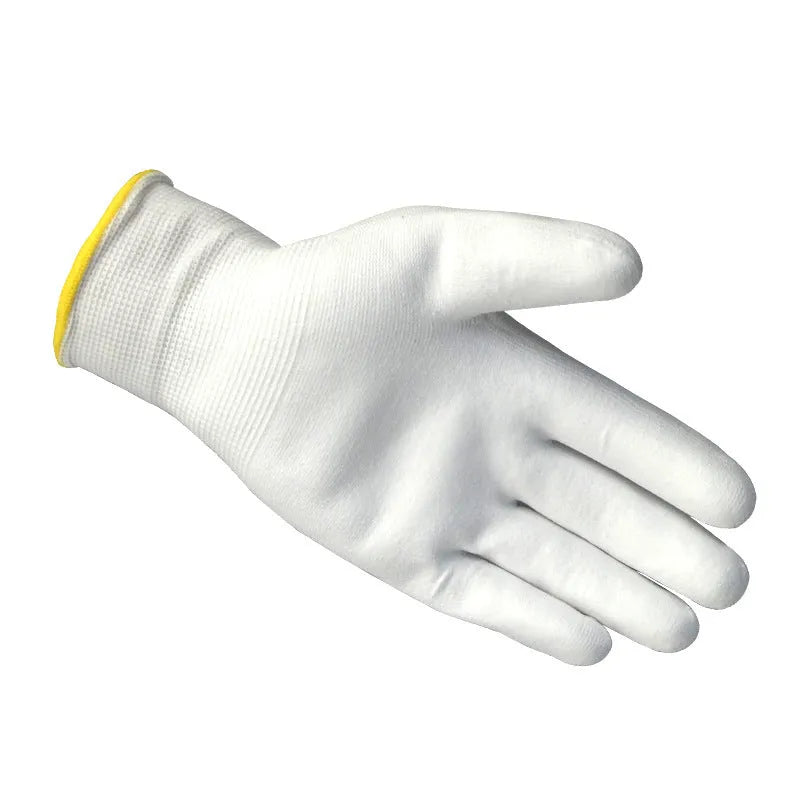 White PU coated labour gloves with breathable latex backing showing 24 cm length measurement