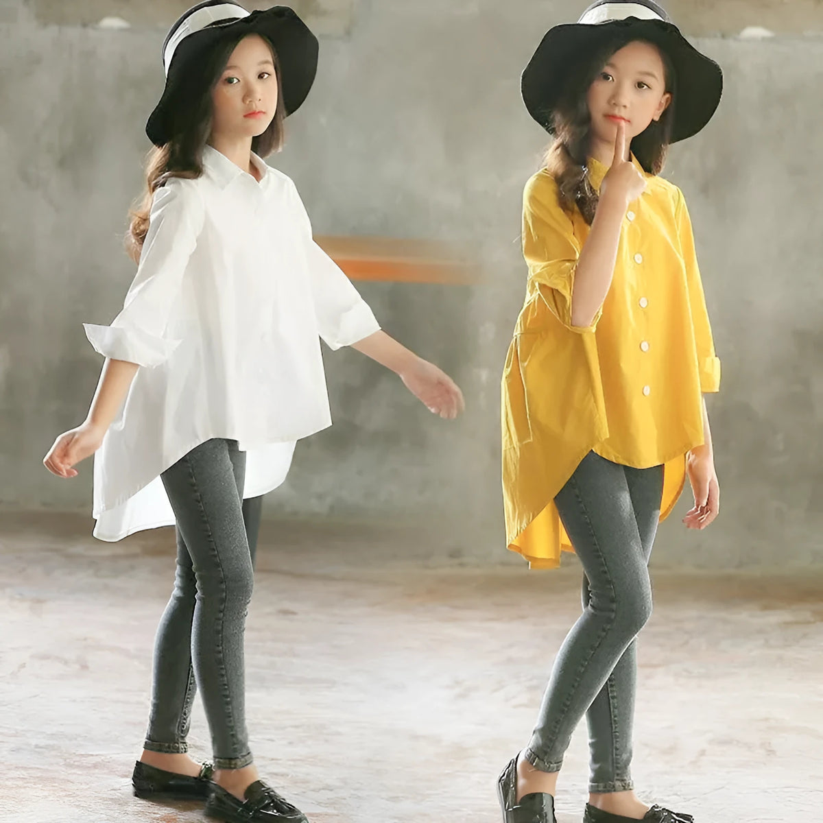 Girls' cotton Korean style top with swallowtail hem in white or yellow, sizes 110-165cm