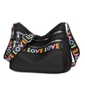 Oxford cloth crossbody shoulder bag in red or black with multi-pocket design, single strap, polyester lining, and letter stitching detail.