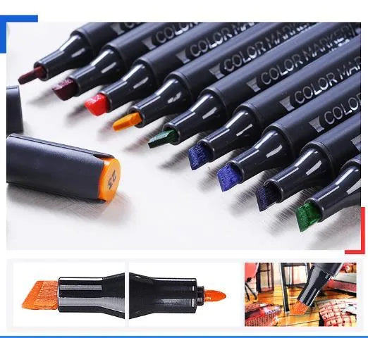 Set of double-headed alcohol marker pens with round and chisel tips for professional art and design work.