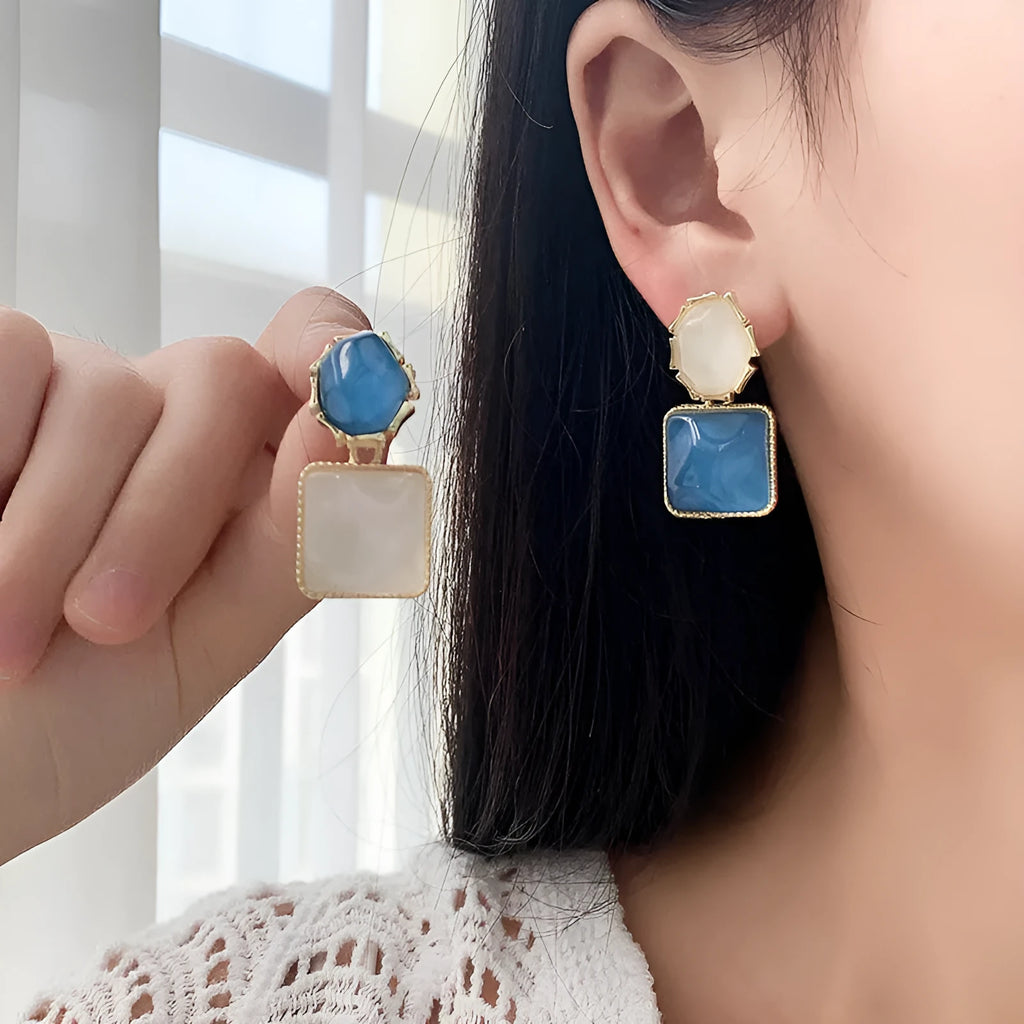 Geometric square earrings with water ripple contrast colour design in electroplated alloy, Korean style, for women
