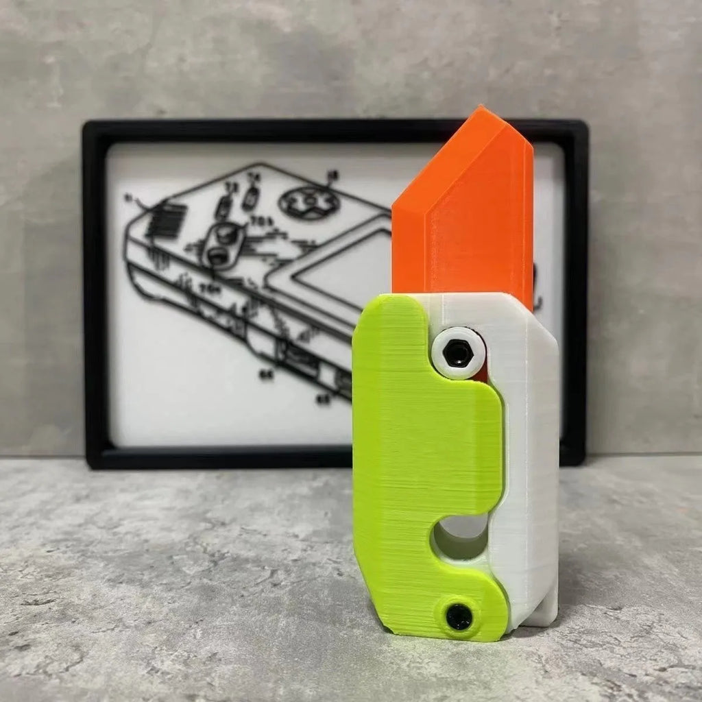 3D printed plastic gravity carrot knife fidget toy in orange, purple, and green colours.