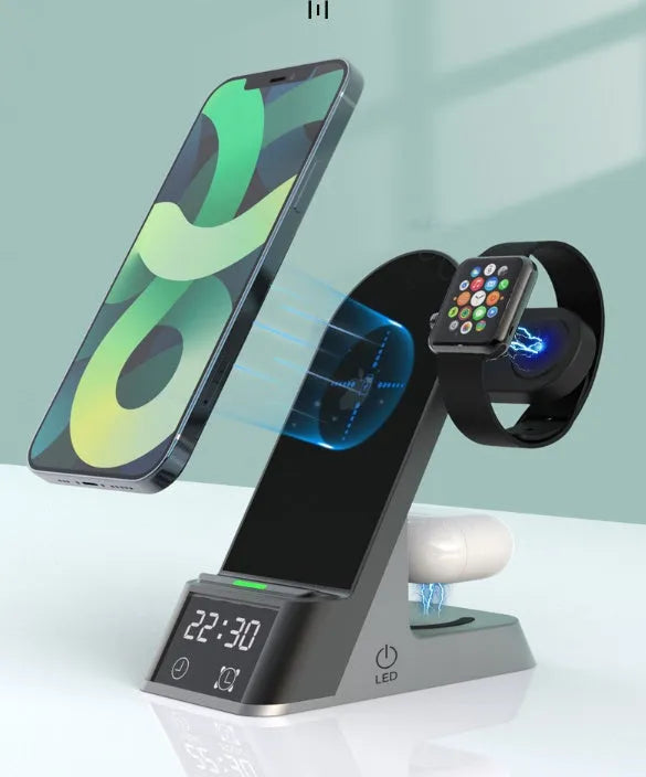 Black multifunctional alarm clock with integrated 15W wireless charging pad and LED display.