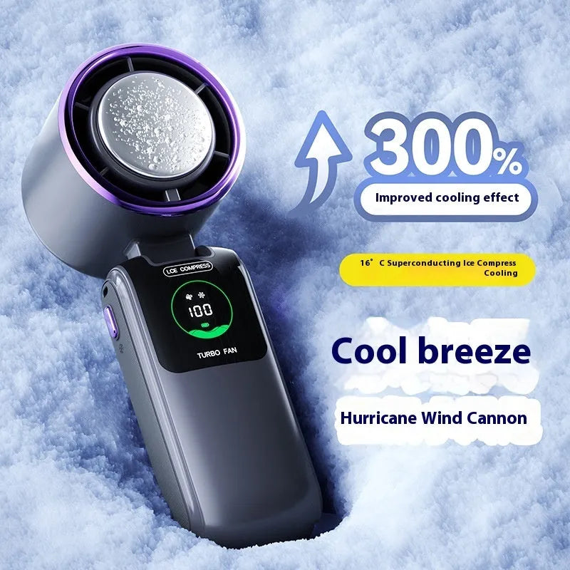 Blue folding neck fan with USB port and adjustable speed buttons, shown both worn and handheld
