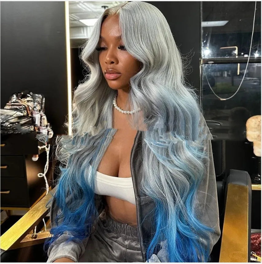 Grey-blue gradient human hair lace front wig with 4x4 construction