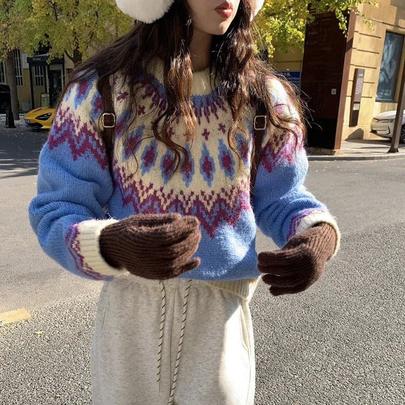 Women's geometric pattern contrast colour pullover sweater in pink, loose fit thick knit