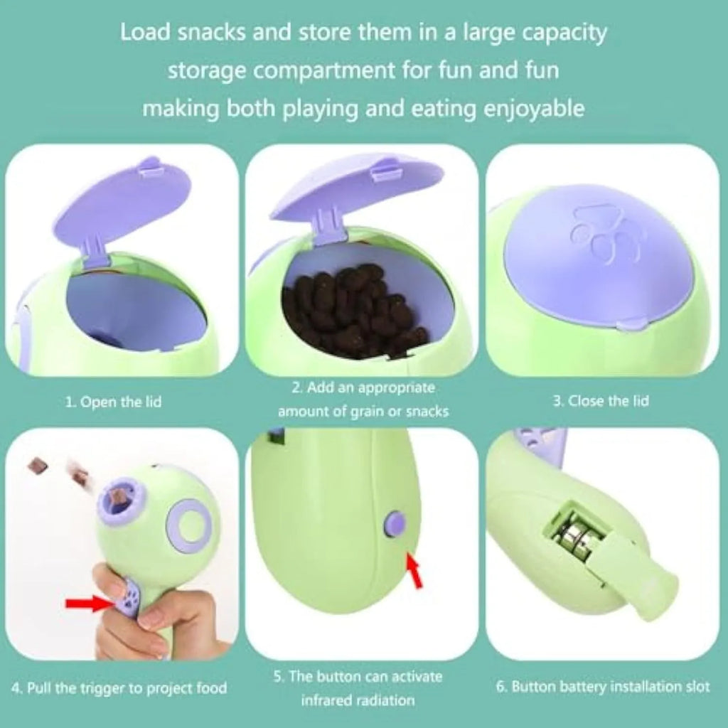 Green dog treat launcher toy for interactive play and training, measuring 15.5 x 9 x 8.5 cm