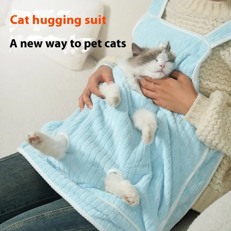 Cat petting apron made from cloth fabric in various colours including pink, light blue, and striped patterns
