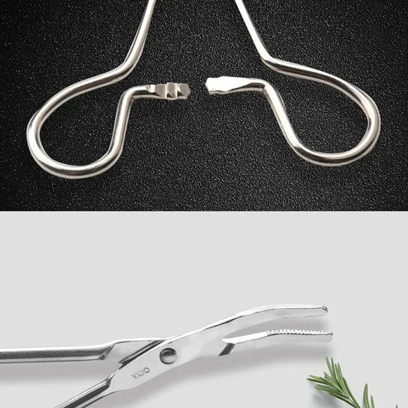 Silver stainless steel pet grooming tweezers for ear hair removal and cleaning, showing curved and straight tip designs.