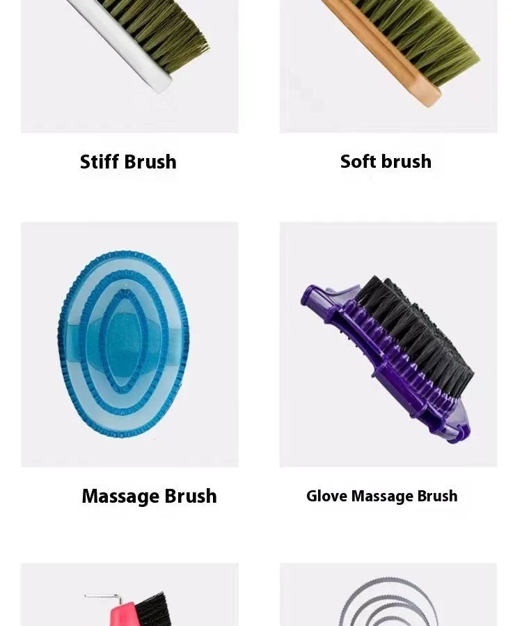 Complete 10-piece horse grooming brush set with storage bag showing brushes, combs and specialised tools